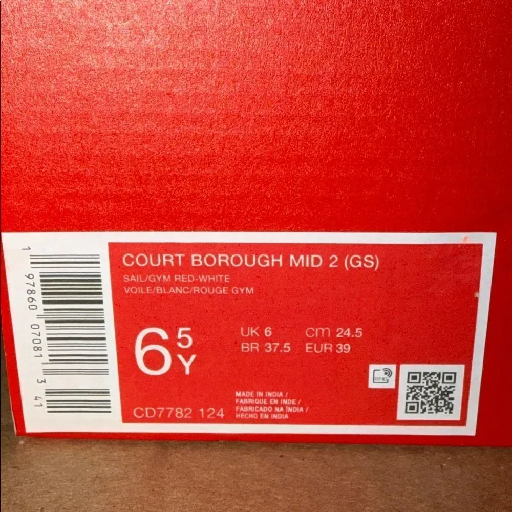 Nike Court Borough Mid 2 Gym Red CD7782-124 GS Size 6.5Y